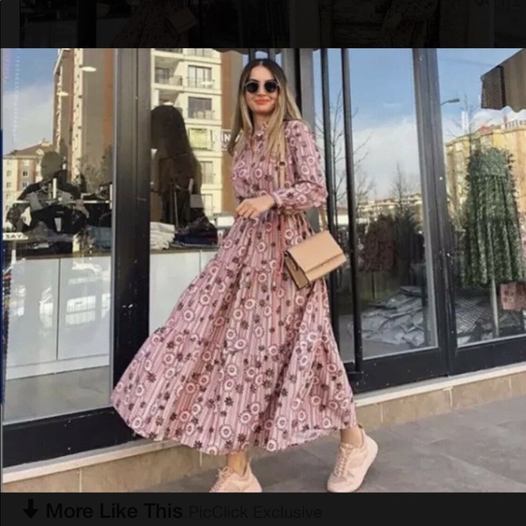 Red Camel Printed Floral Stripe Poplin Midi Dress - Picture 4 of 13